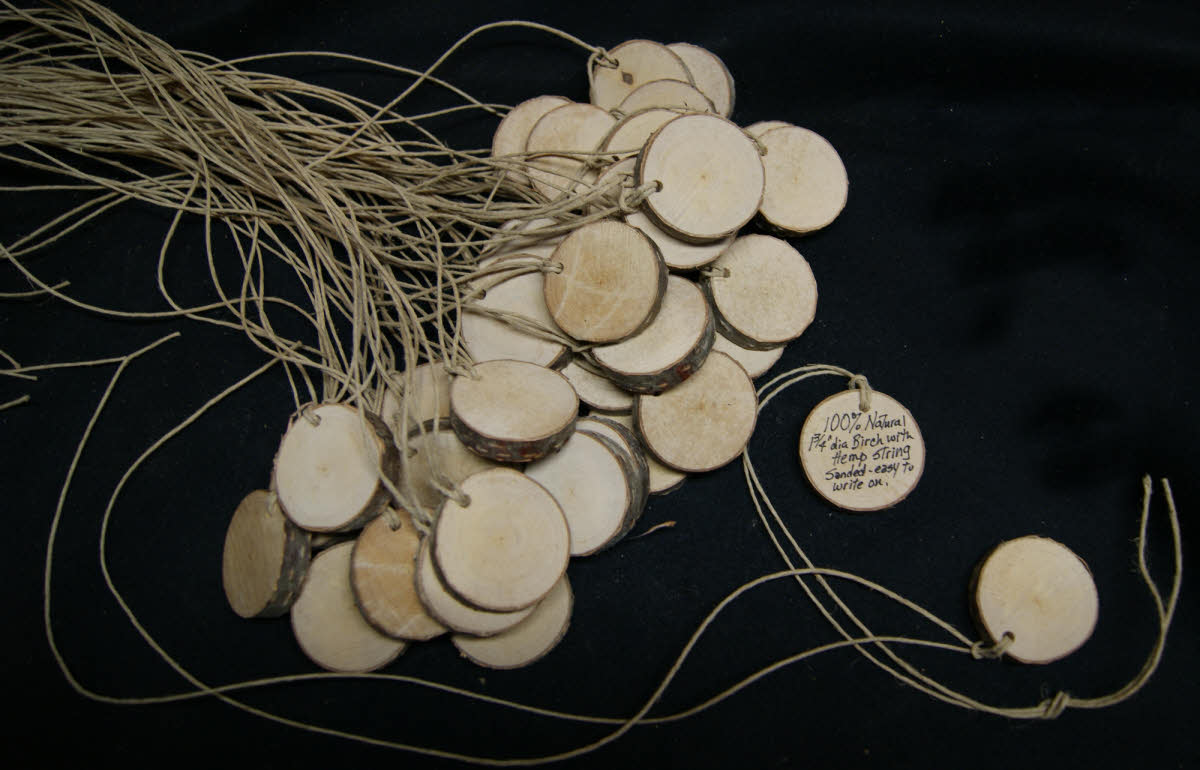 Small birch medallions with hemp cord.